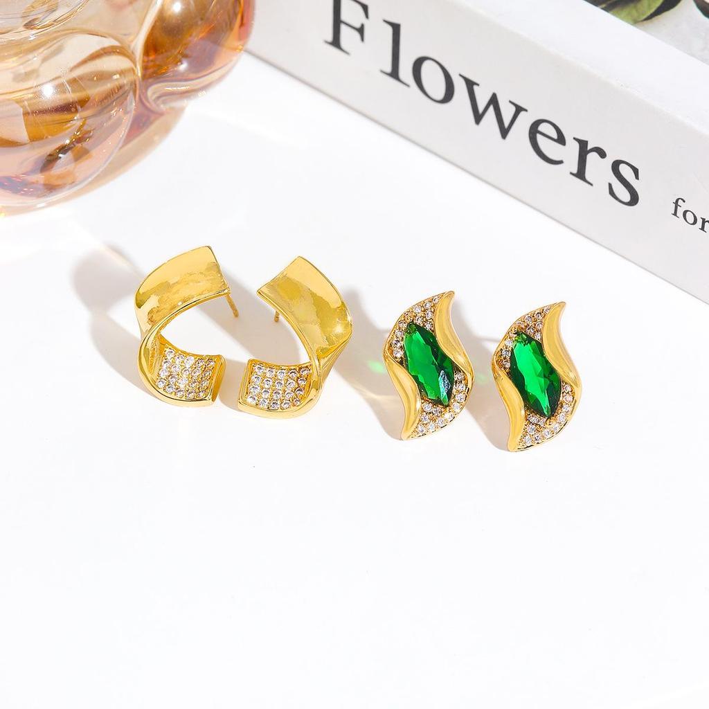 Emerald Gemstone Real Gold Plated Geometric Earrings - Luxurious Green Zirconia Jewelry for Women