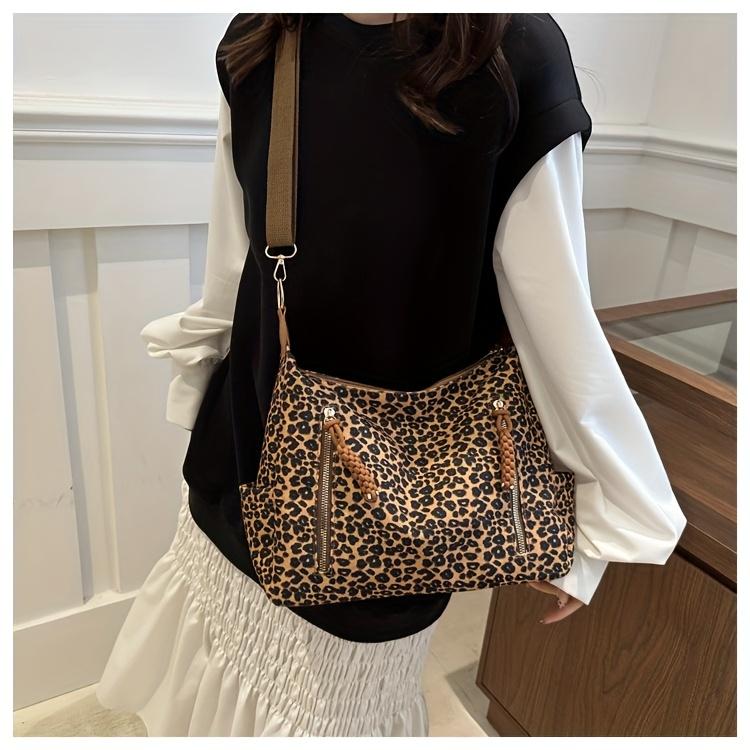 Fashion Leopard Print Large Capacity Tote Bag Casual Women's Shoulder Bag Simple Vintage Crossbody Bag Fashionable Leopard Pattern Zipper Shopping Bag