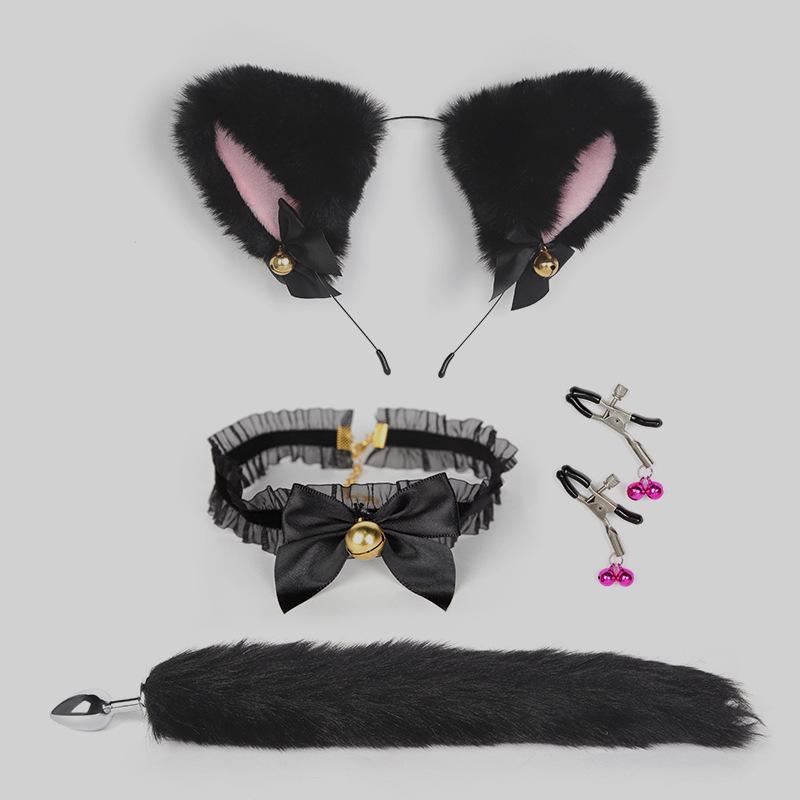Bondage Katzenanzug mit Schwanz Analplug, Halsband & Knebel