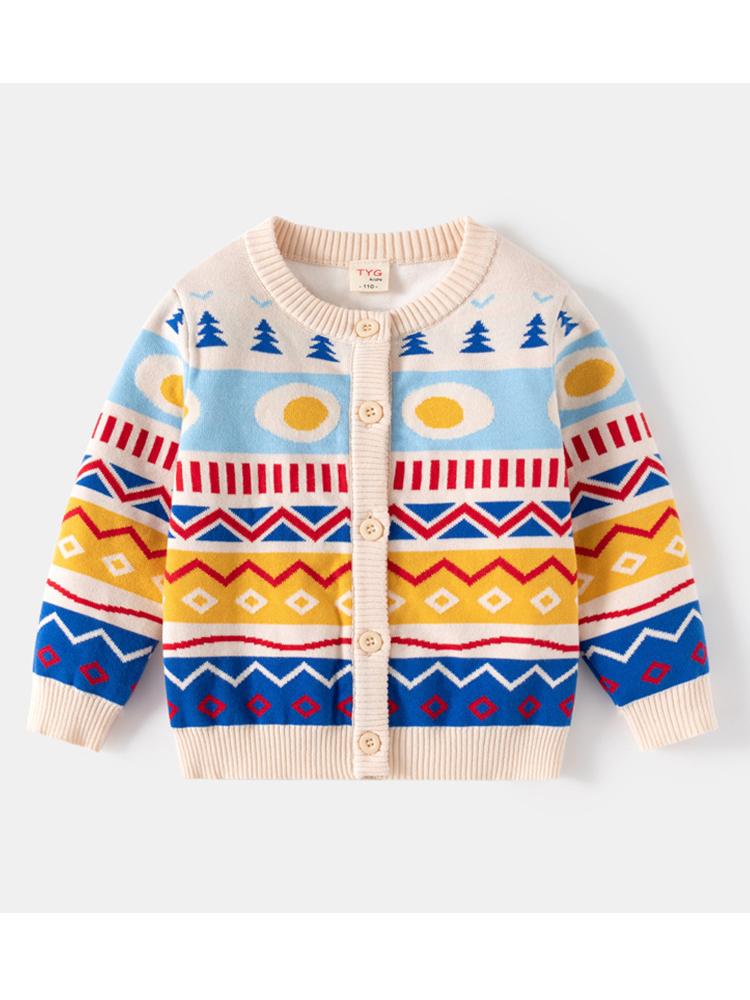 Kid Spring Fall Jacket Knitted Cardigan Sweater Multicolour Rhombus Children Clothes Baby Knitwear Double-layer Cotton Outerwear