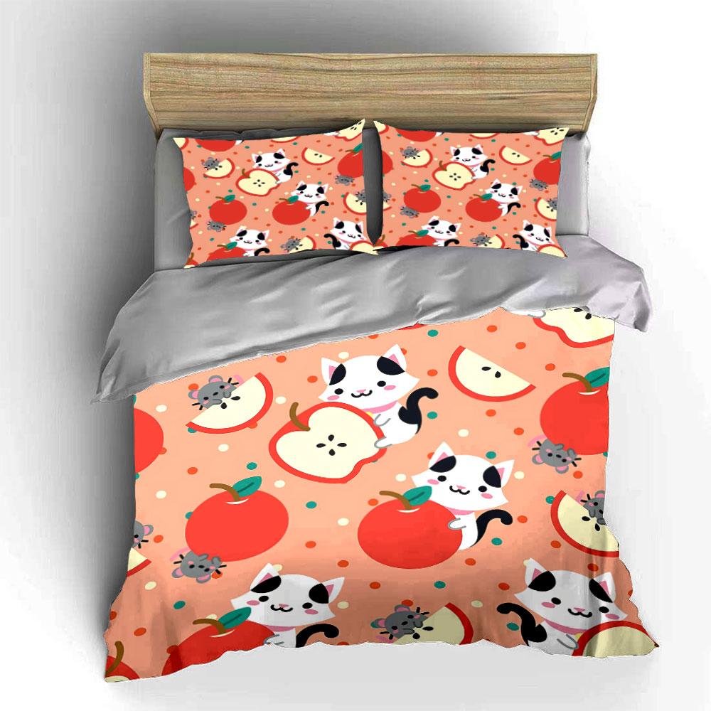 Cartoon Cats Apples Pattern Bedding Duvet Cover Set Duvet Cover Pillowcases (1*Duvet Cover 2*Pillowcases, Without Duvet Insert)