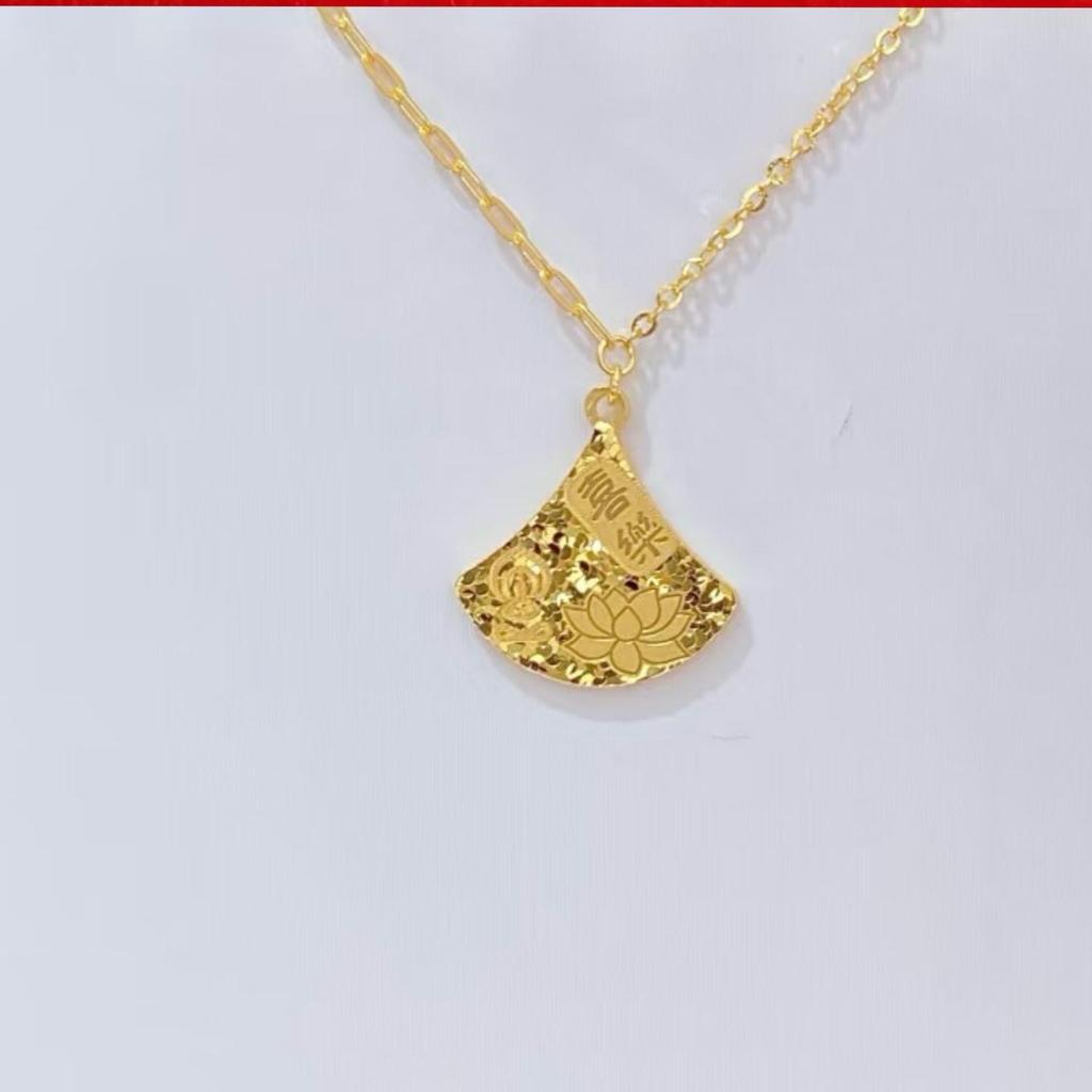 Golden Lucky Cat Fan-shaped Lotus Pendant Necklace for Women