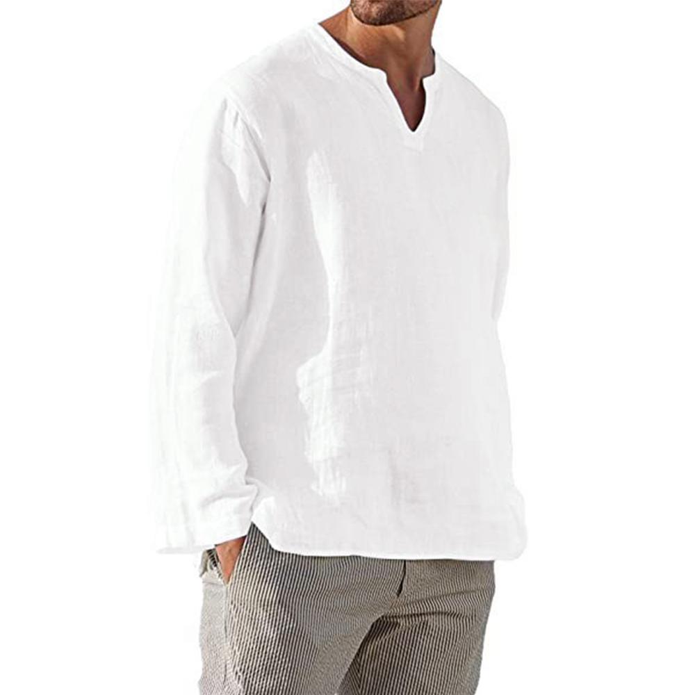 Cotton Linen Men Shirt Brief Breathable Comfy Solid Color Long Sleeve V Neck Casual Blouse Hawaiian Shirt Oversize Tops