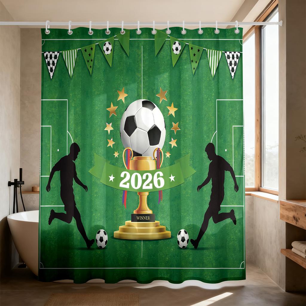 Soccer Football Shower Curtain 90Gsm Waterproof Stadium Trophy Print Bathroom Decor With Hooks