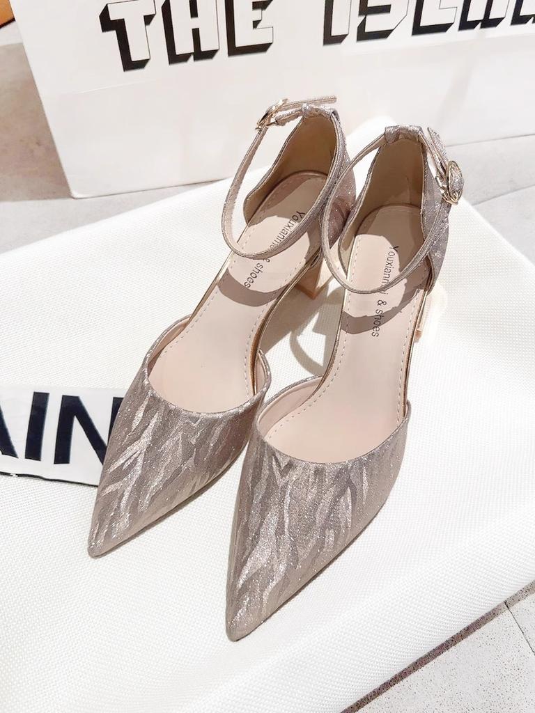 Champagne pointed thick heel single shoes female 2025 new fairy style temperament fashion with skirt hollow high heels