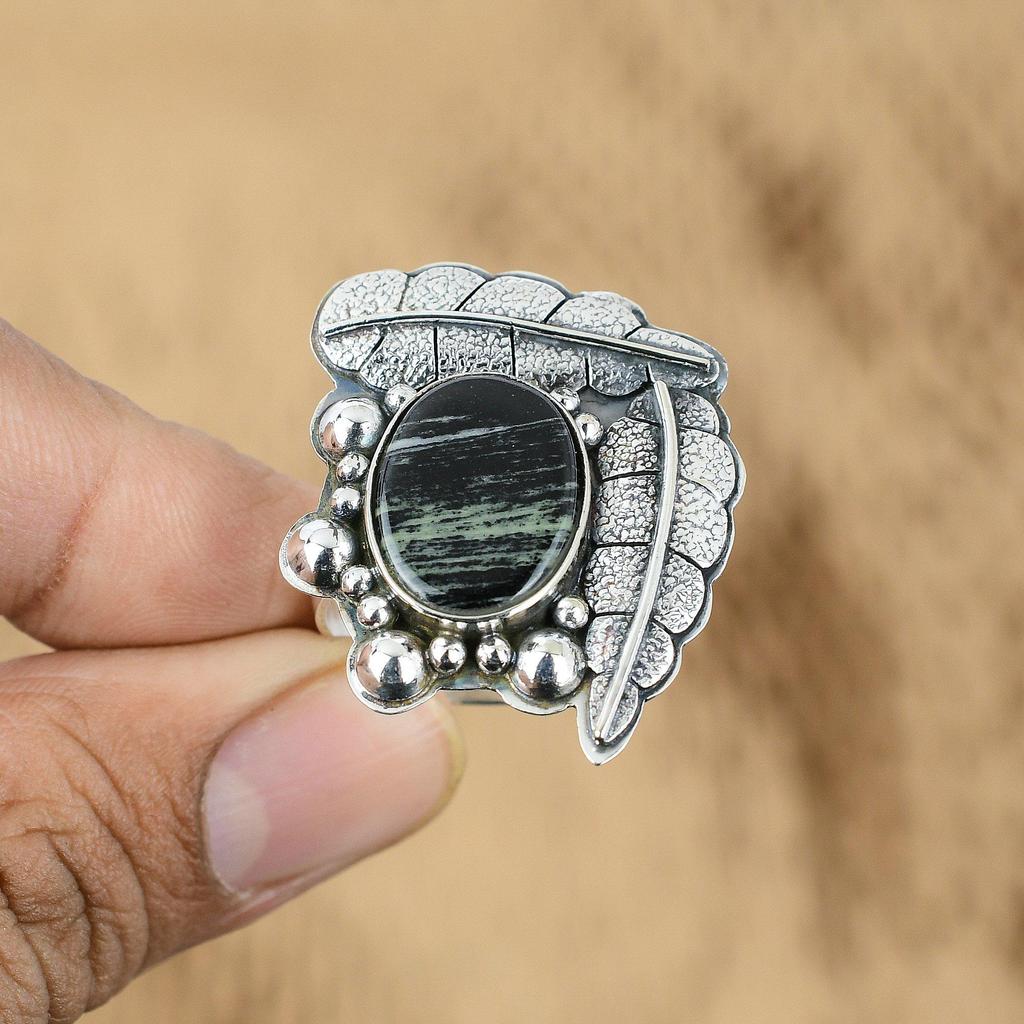 Oval Natural Silver Leaf Jasper 925 Silver Handcrafted Promise Engagement Ring