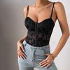 Women's Spice Girls Low-cut See-through Halter Splicing Mesh Fishbone Waistband Short Top