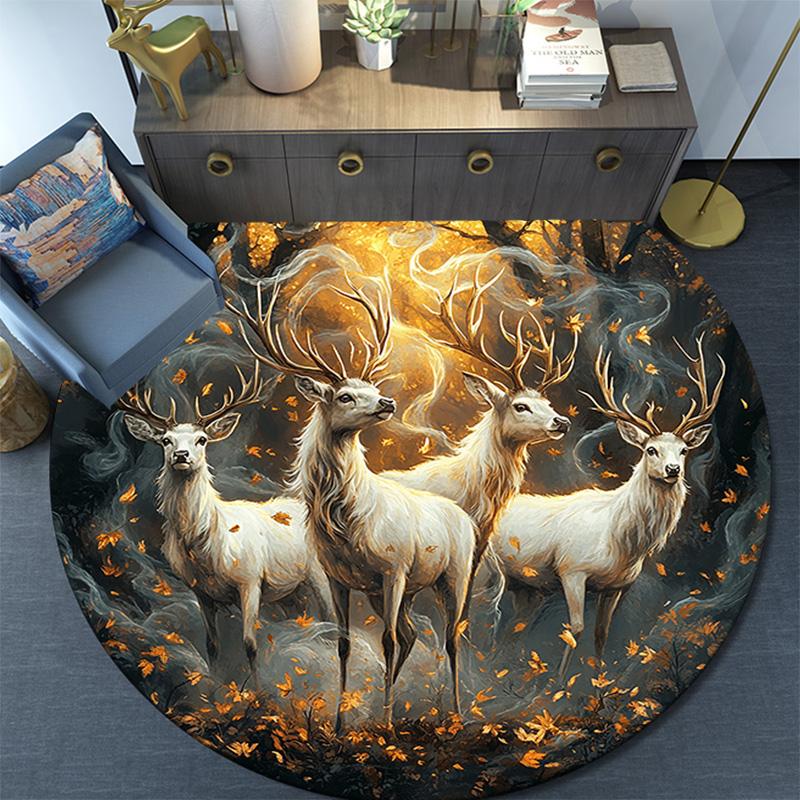 Enchanted Forest Deer Round Area Rug,Carpet Rug for Living Room Bedroom Sofa Playroom Decor,Non-slip Floor Mat