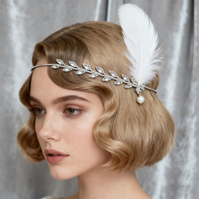 1920s Flapper Feather Headband Shiny Rhinestone Leaf Accent Headwear for Retro Theme Party Dance Evening Accessory B