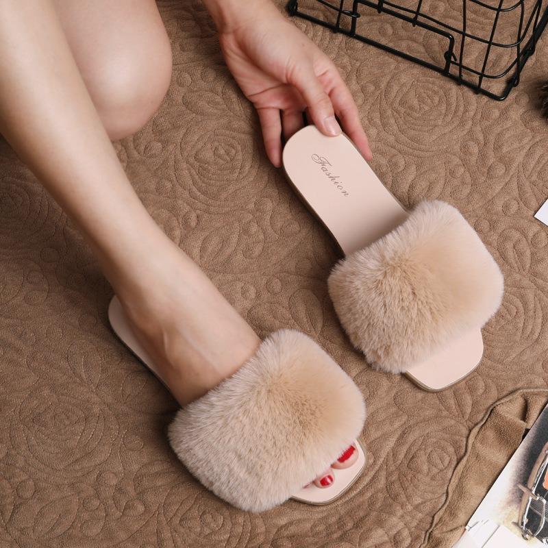 Women's Faux Fur Slides Fashion Flat Open-toe Slippers