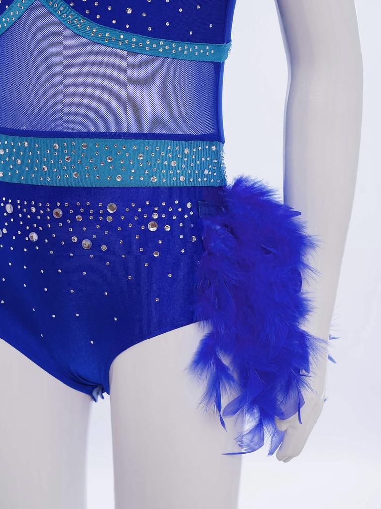 Girls Jazz Latin Dance Costume Shiny Rhinestones Color Block Leotard with Feather Skirt Sleeveless Cutout Back