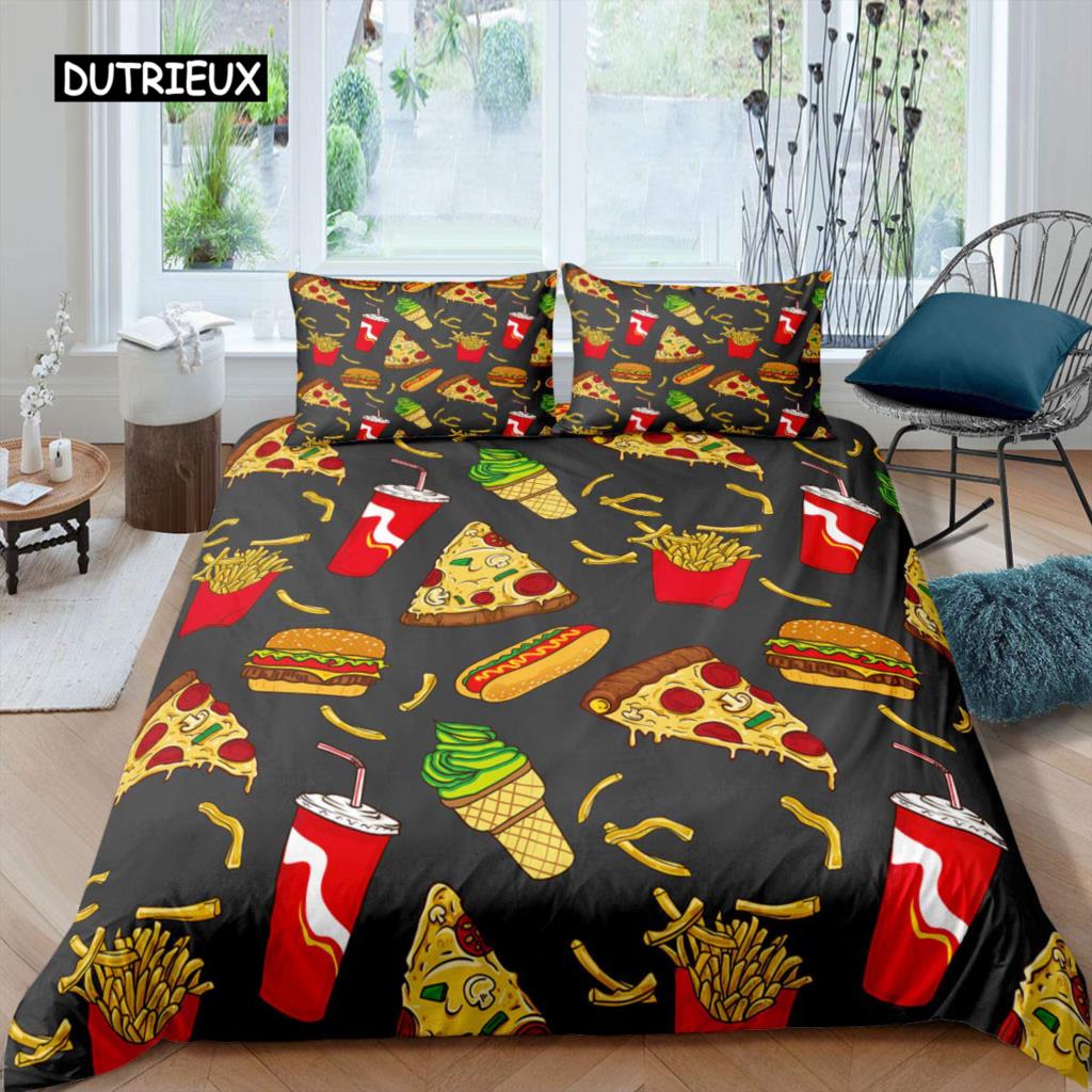 American Fast Food Duvet Cover Set Full Size Polyester Pizza Hotdog Hamburger Print Bedding Set French Fries Cartoon Quilt Cover