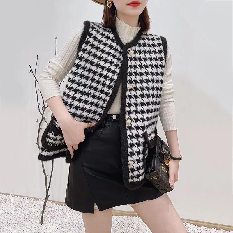 

Женский осенний клетчатый принтованный однобортный жилет свободного покроя для поездок на работу One Size чёрный