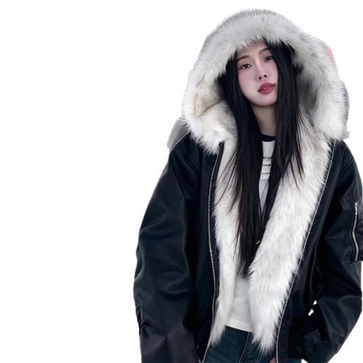 Autumn and winter warm thickened PU leather big fur collar seat mountain carving hooded cotton clothes men and women Guochao loose couple short jacket