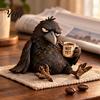 Funny Coffee Cup Raven Figurine with Mug, Resin Crow Statue, Realistic Animal Sophisticated Desk Accessory Ornament for Home Decor, Creative