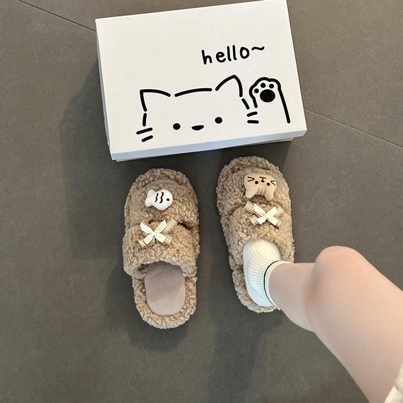 Cartoon fluffy slippers women's flat cotton shoes casual season fashion girls one-word cotton slippers
