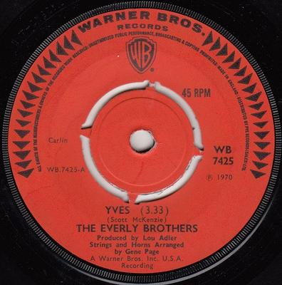 7inch Record EVERLY BROTHERS - Yves / Human Race WB7425 Warner Bros. Re 1970 UK Rock Used