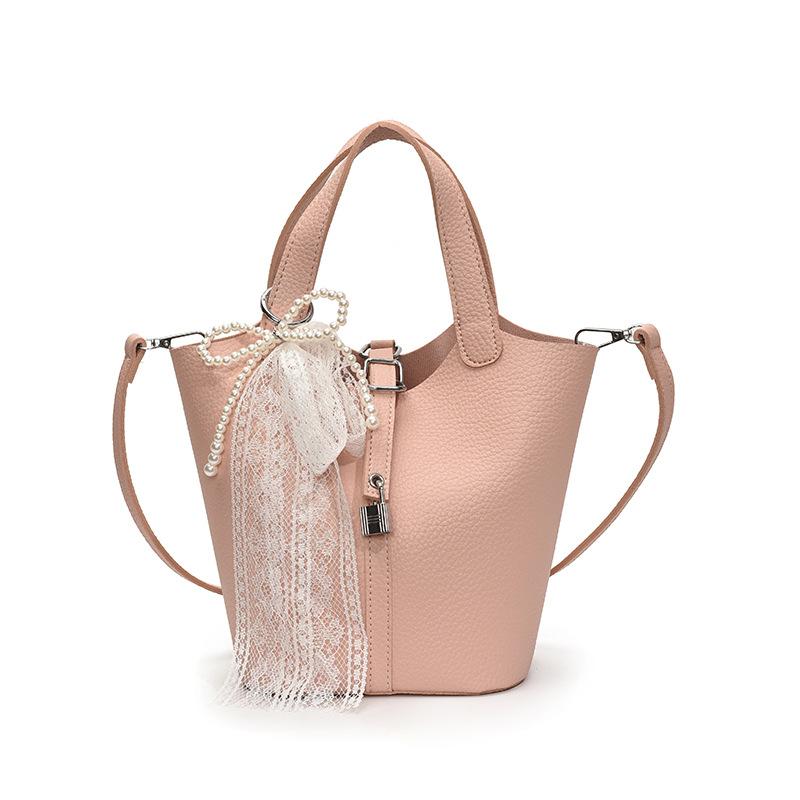 Simple Temperament Lychee Pattern Portable Bucket Bag Casual Light Luxury Solid Color High-end Messenger Bag Bag Female