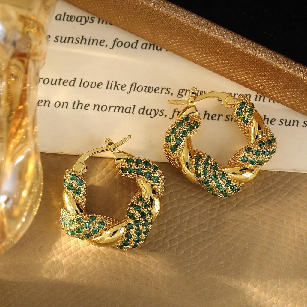 Retro Green Diamond Earrings - Unique European & American Luxury Design with High-End Ear Hoops