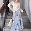 Ensemble Robe Tie-Dye Française & Haut en Maille: Jupe A-line Irregulière Printemps/Été avec Cache-maillot à Cordon de Serrage pour Femme