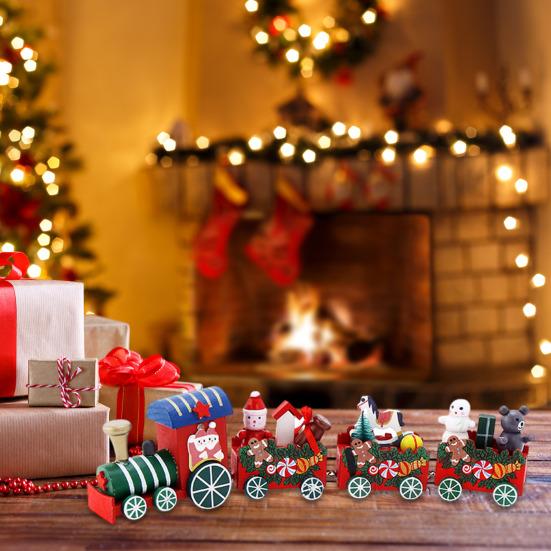 Yousheng Mini Christmas Train Wooden Train Ornament with Mini Snowmen Santa Xmas-themed Train Table Decoration Toy Train Gifts for Kids