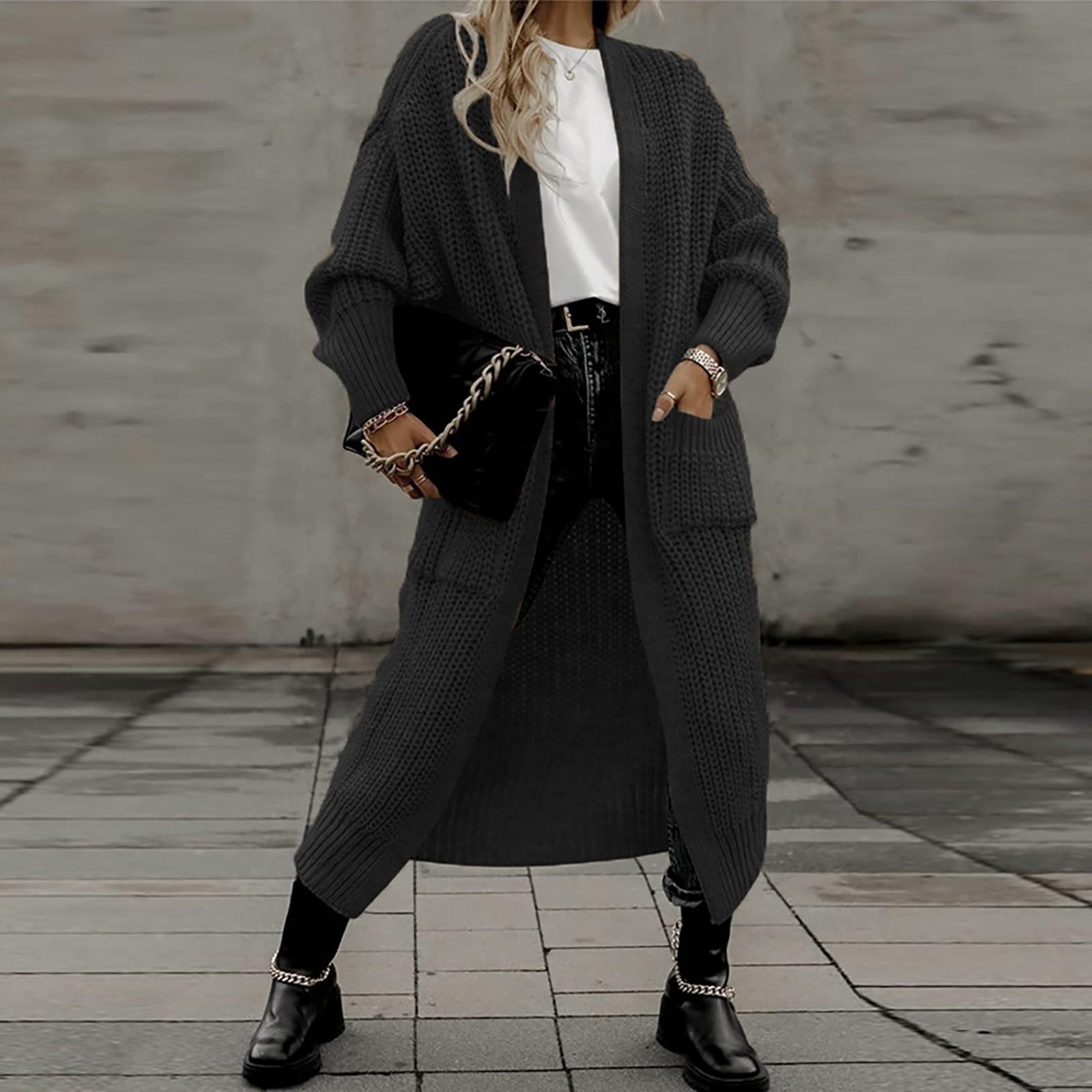 

Женский повседневный вязаный свитер однотонный с карманным кардиганом, куртка XL чёрный