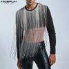 Men Round Neck Front Tassel Patchwork Long Sleeve Casual Crop Tops T-shirts