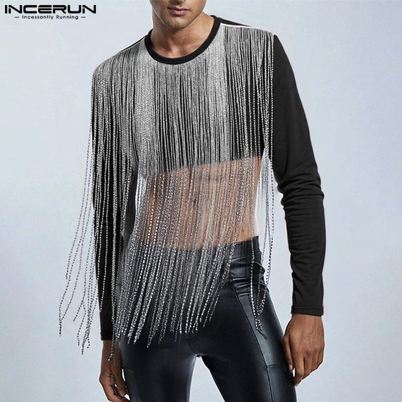 INCERUN Men Round Neck Front Tassel Patchwork Long Sleeve Casual Crop Tops T-shirts