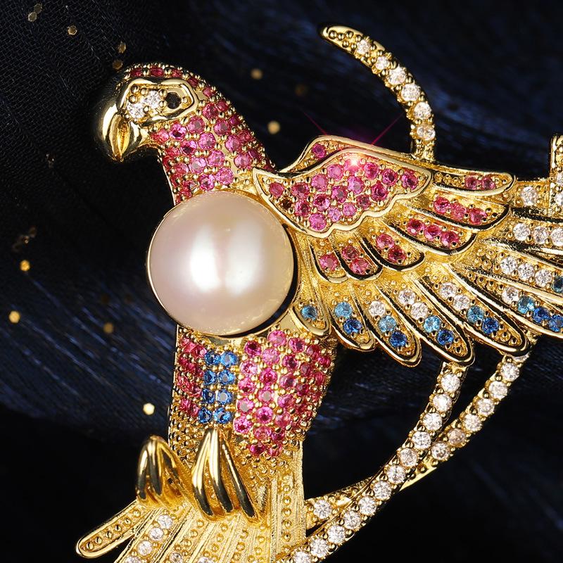 Bo Xin Yun Luxury Parrot Brooch with Zircon, Freshwater Pearl, and Agate