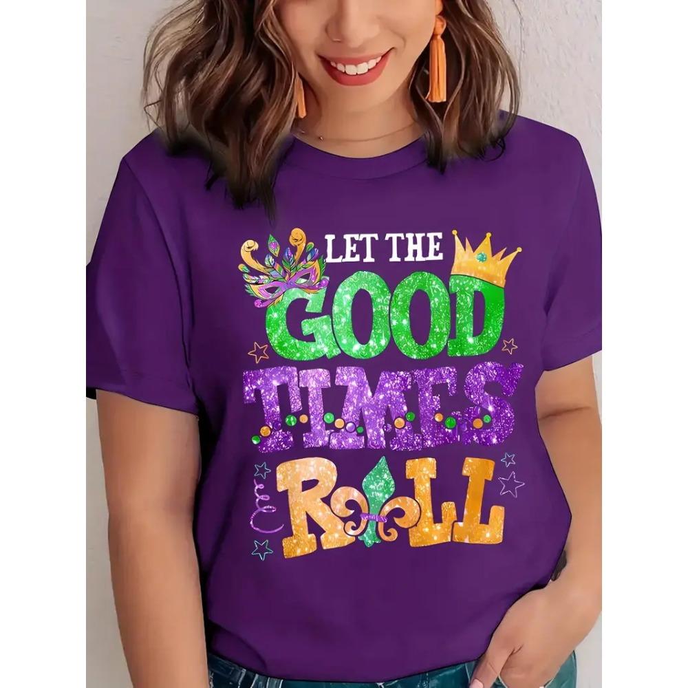Full Print Women Mardi Gras Mask Pattern T Shirt Casual Short Sleeve Crew Neck Tees Shirt New In Party Tshirts Women's Clothing
