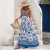 Summer New Style Beachwear Style Plunging V-neck Dress with Sleeveless Ethnic Print Long Dress