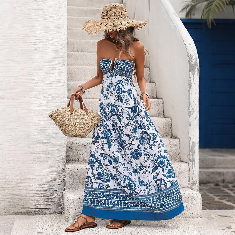 Summer New Style Beachwear Style Plunging V-neck Dress with Sleeveless Ethnic Print Long Dress