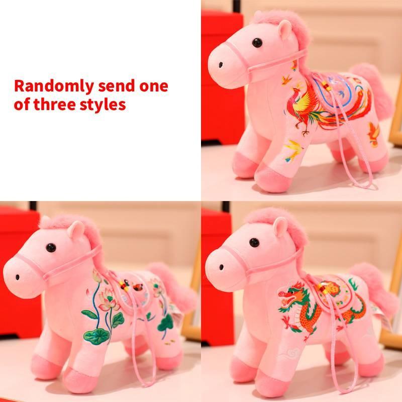 Pony Plush Pendant Backpack Charm With Dragon Phoenix Flower Embroidery Design For Chinese New Year Gift