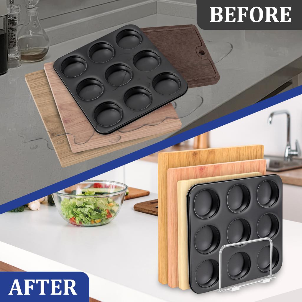 2Pcs Chopping Board Rack Stand Stainless Steel Cutting Board Holder 4 Compartments Metal Cookie Sheets Organizer Kitchen Shelf