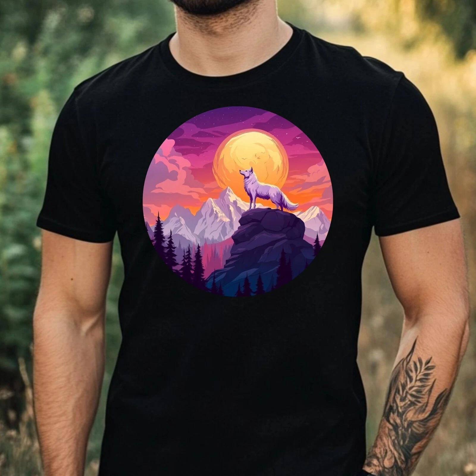 T-Shirt Herren Wolf auf dem Berg Motiv Baumwolle Größe XS bis 5XL XS