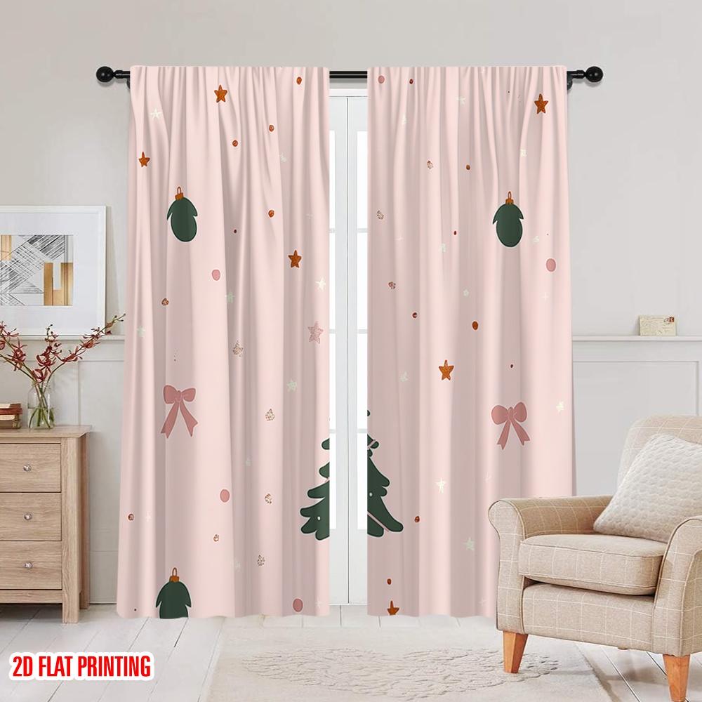 2pcs,2D Plane Printing Curtain Fabric Christmas Tree Baubles Bows Stars (2) Versatile Fabric (without Rod) Festive Perfect for