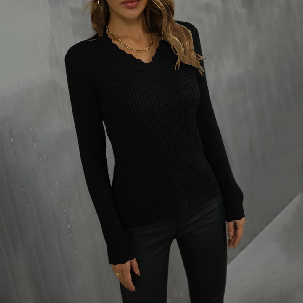Ladies Fashion Sweater Solid Color V-Neck Lace Slim Fit Knitted Bottoming Shirt