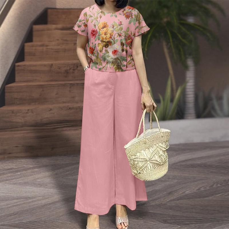 

ZANZEA Женская блузка и брюки, летний повседневный брючный костюм из двух предметов 5XL бежевый