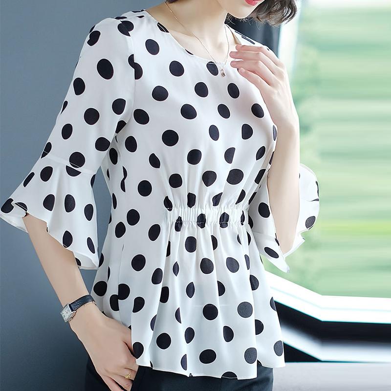 Spring and Autumn Ladies Chiffon Shirt Polka Dot Cover Belly Summer Ruffled Waist Blouse Western Style Small Shirt