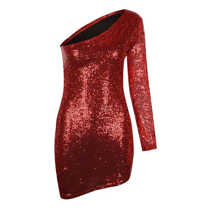 

Вечеринка Женская Вечерняя Юбка Сексуальное Платье с Одним Рукавом Клубное Ночное Плечо Пайетки S(Tag S=US XXS) красный