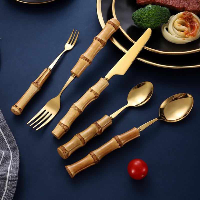 24Pcs Creative Dinnerware Sets Bamboo Handle Stainless Steel Flatware Set Knife Fork Spoon Tableware Set Luxury Cutlery Rack