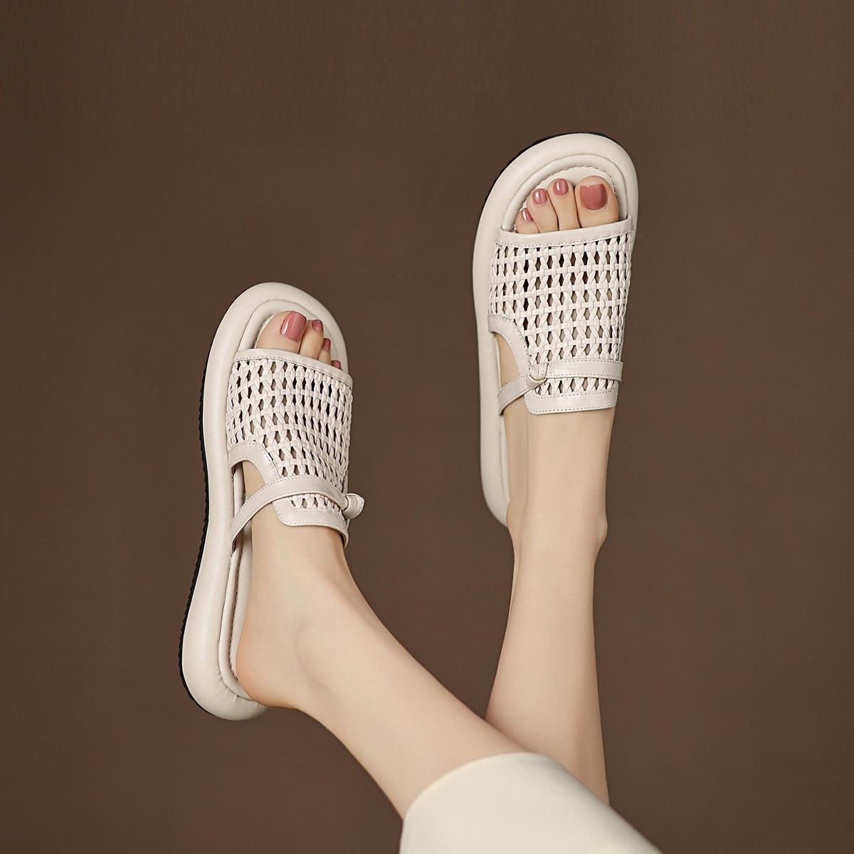 

Niche women s shoes hollow woven thick-soled muffin slippers women s 2025 summer new models with skirts 35