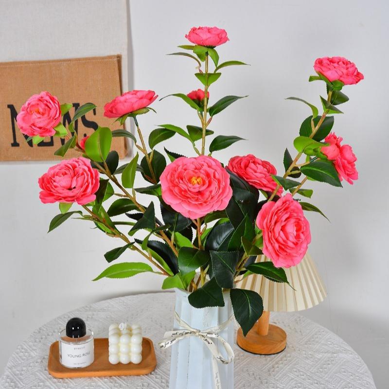 10pcs Wedding Pink Camellias Plant Simulation Flower Auditorium Decoration Artificial 4 Heads Camellia Branch Silk Fake Flowers