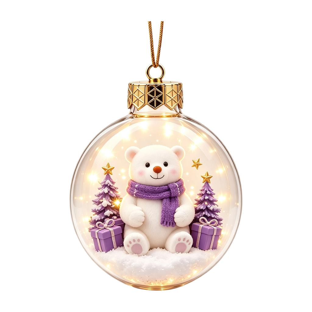 Purple 3D Christmas Tree Ornament with Warm Light, Transparent Ball with Christmas Scene, Festive Hanging Decoration for Christmas Tree