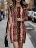 Printed Mini Dress Sexy Short Skirt 1 Piece Women's Party Fashion Casual Long Sleeved Skirt Round Neck Slim Fit Skirt