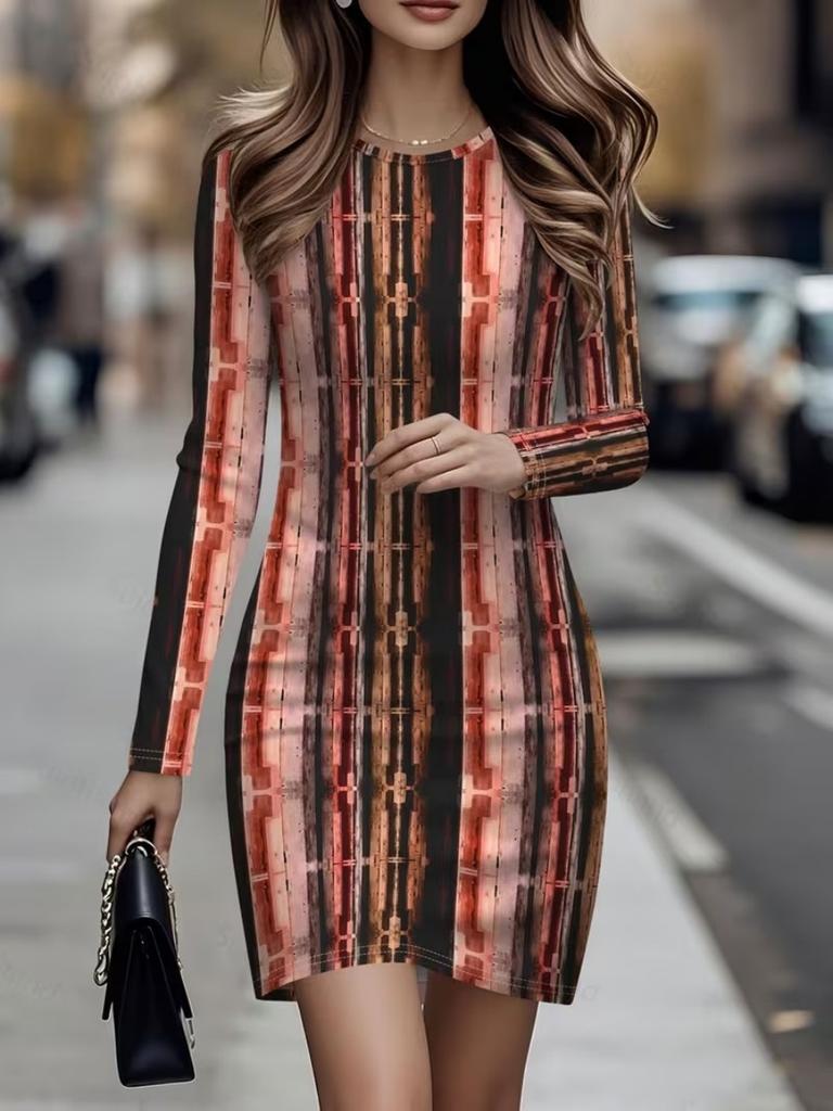 Printed Mini Dress Sexy Short Skirt 1 Piece Women's Party Fashion Casual Long Sleeved Skirt Round Neck Slim Fit Skirt