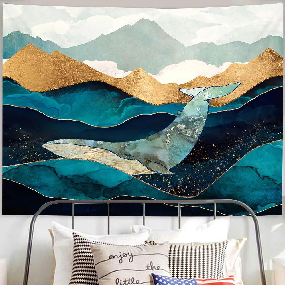 Cartoon Sky Dolphin Tapestry Wall Hanging Pink Clouds and Whales Tapestry Aesthetic Kawaii Room Decor Print Home Decor