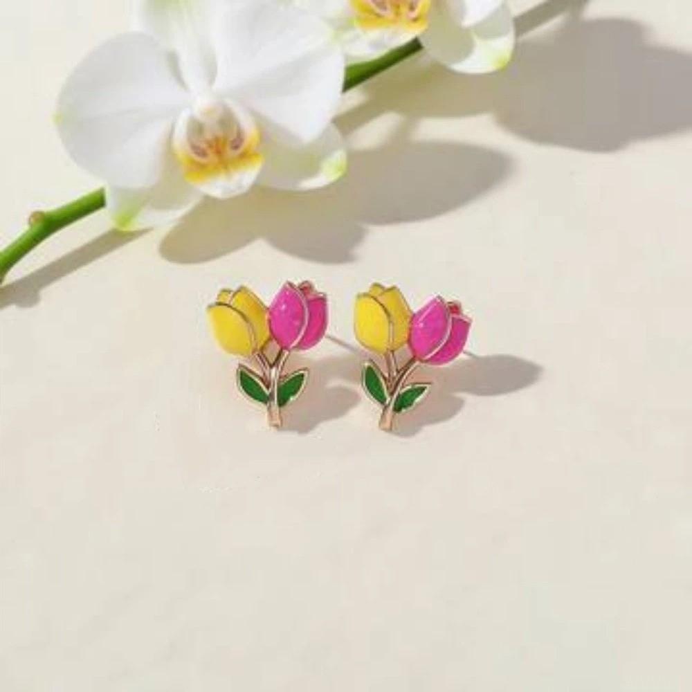 Glazed Tulip Bud Earrings Colorful Stud Earrings Fashion Color-Blocked Earrings  Daily жёлтый/красный