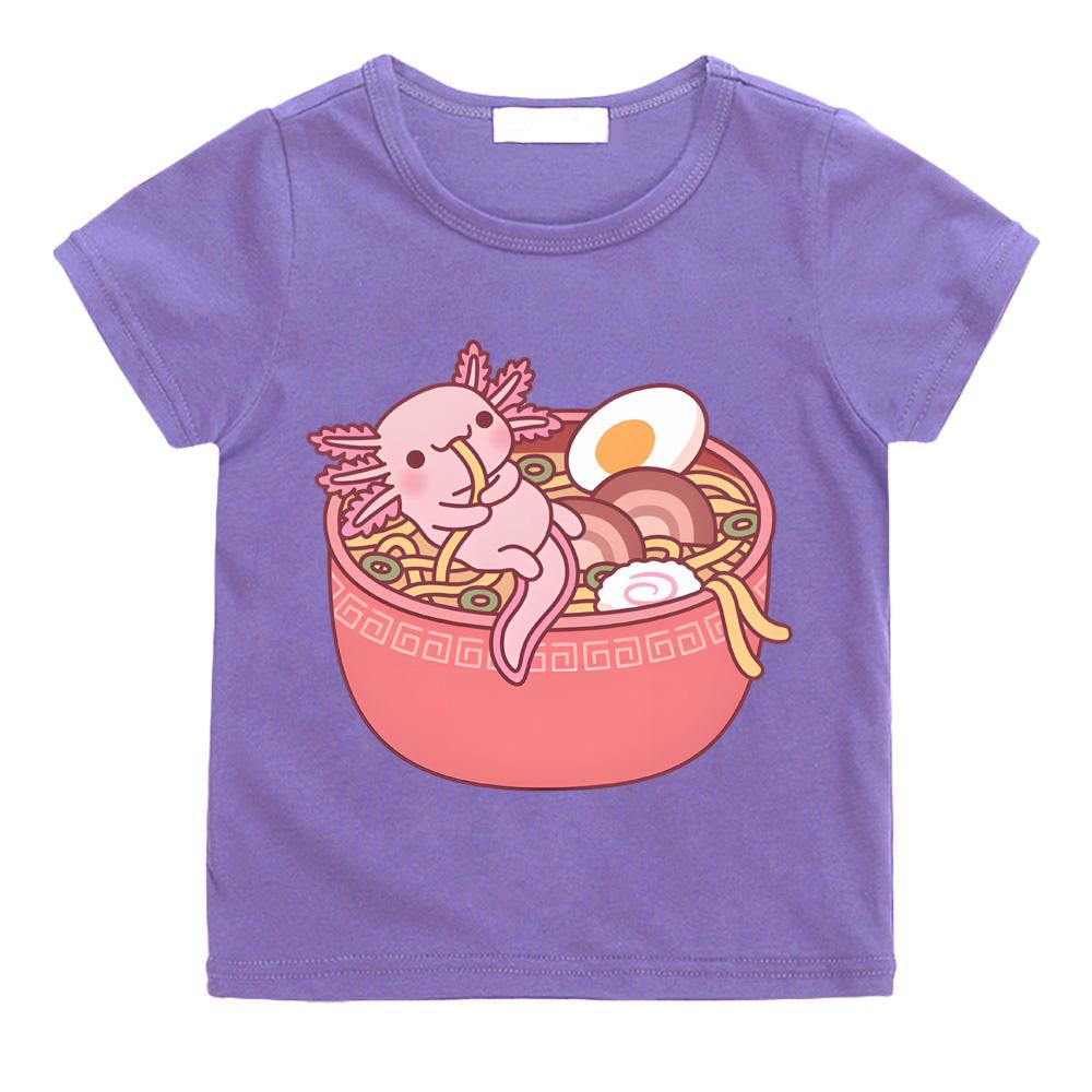 Cute Axolotl Eating Ramen Noodles in Bowl Funny T-shirts Cotton Short Sleeve Boys/Girls T Shirt Summer Round Neck T-shirt
