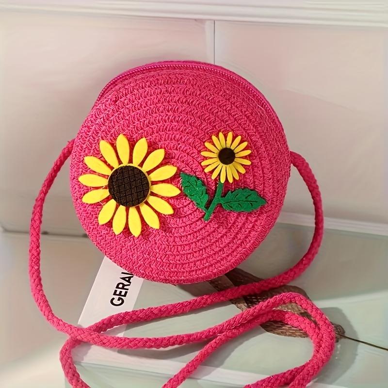 2-in-1 Floral Straw-Style Tote Bag with Zipper Closure Cute Cartoon Sunflower Design for Beach, Vacation, Daily Commute & Casual Outings